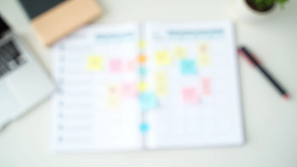 Calendar showing color-coded action plan with weekly milestones, daily tasks blocked out, and progress tracking notes