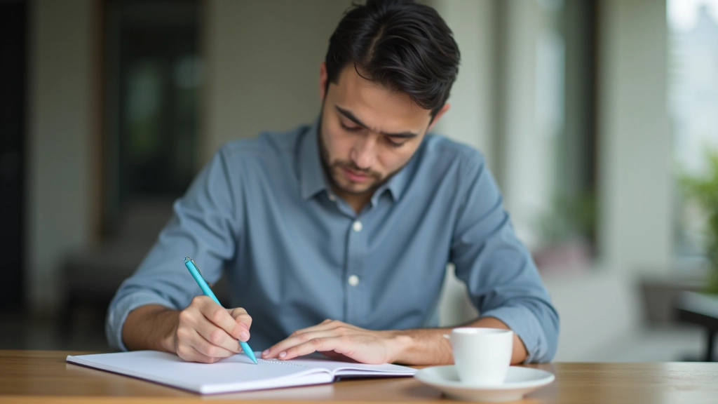 Person writing detailed goals in notebook with multiple colored pens and highlighters on wooden desk