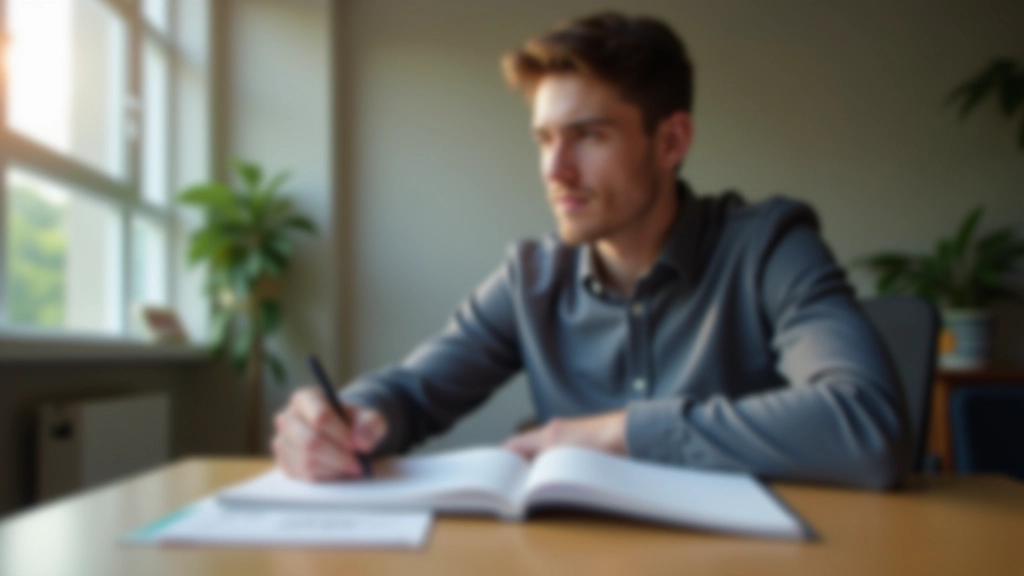 Person writing in planner with focused determination, surrounded by goal-tracking materials and motivational notes