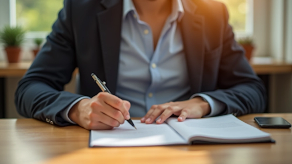 Person writing goals in notebook with cup of coffee on desk